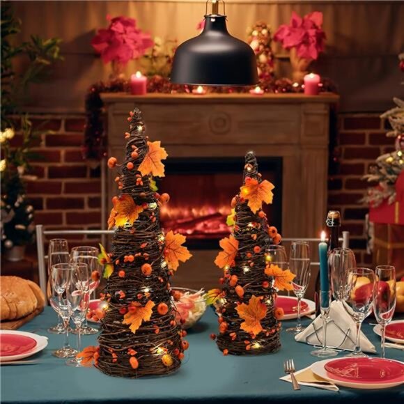 CRCZK 16inch Fall Tree Decoration Indoor, 2PCS Artifical Autumn Rattan Pumpkins - Picture 5 of 8